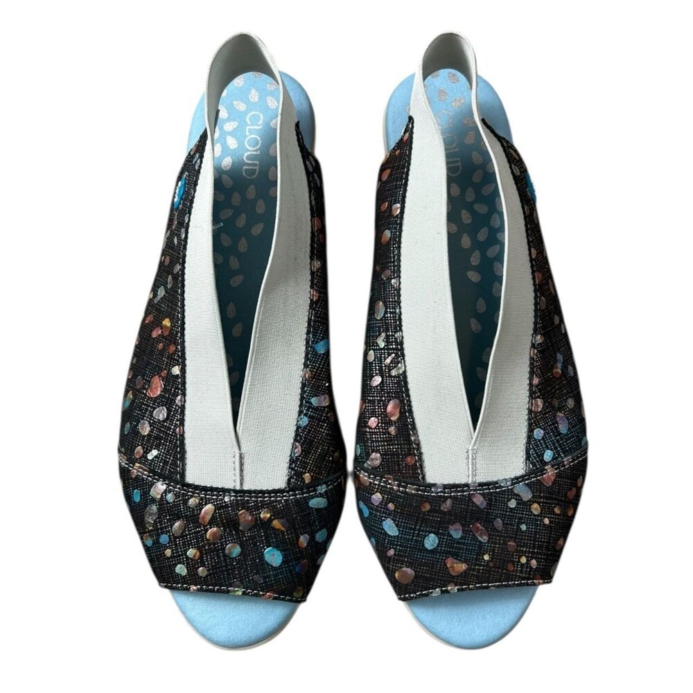 Cloud Caliber Black Multi Comfort Low Wedge Slingback Leather Sandal 39 /US 8